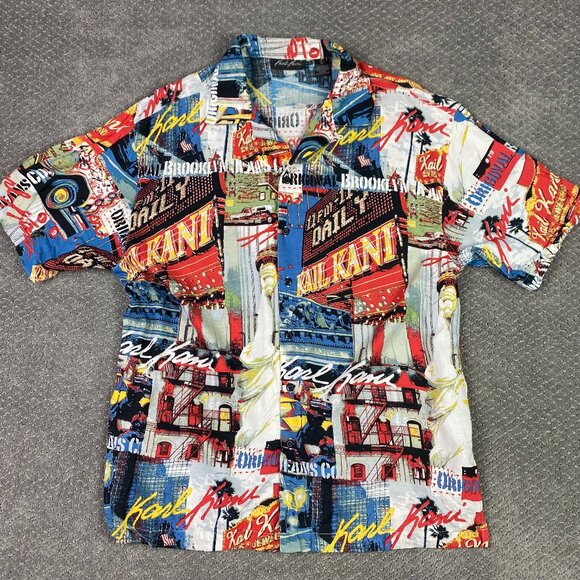 Vintage Karl Kani Hawaiian Shirt Men's Large Rayon Button Up New York City AOP - Picture 1 of 12